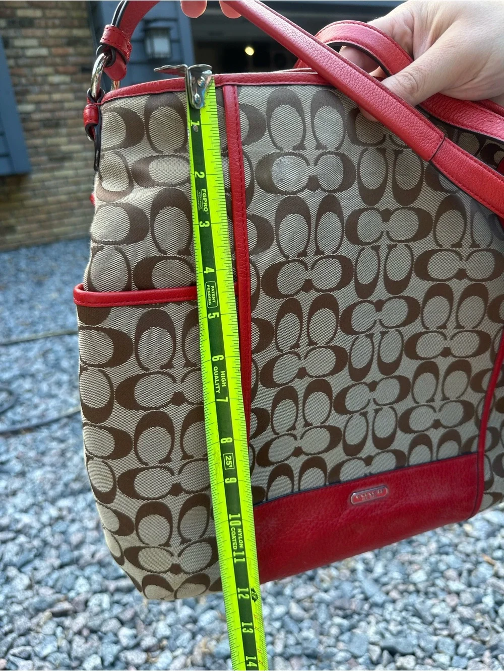 Coach Beige Signature Canvas Tote with Red Trim